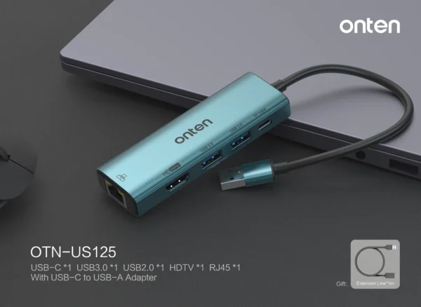 USB-zu-HDMI-Hub mit 5 Anschlüssen: RJ45, USB 3.0, USB 2.0, USB-C und HDMI-Ausgang (1080p) - Onten OTN-US125