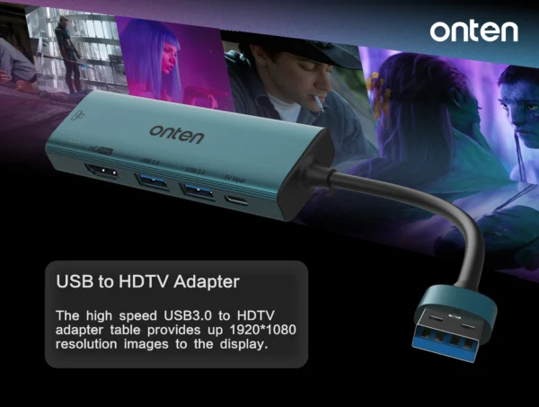USB-zu-HDMI-Hub mit 5 Anschlüssen: RJ45, USB 3.0, USB 2.0, USB-C und HDMI-Ausgang (1080p) - Onten OTN-US125