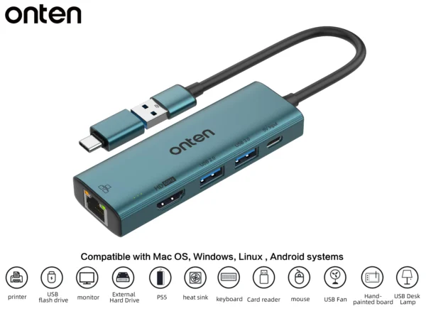 USB-zu-HDMI-Hub mit 5 Anschlüssen: RJ45, USB 3.0, USB 2.0, USB-C und HDMI-Ausgang (1080p) - Onten OTN-US125