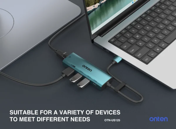 USB-zu-HDMI-Hub mit 5 Anschlüssen: RJ45, USB 3.0, USB 2.0, USB-C und HDMI-Ausgang (1080p) - Onten OTN-US125