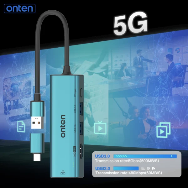 USB-zu-HDMI-Hub mit 5 Anschlüssen: RJ45, USB 3.0, USB 2.0, USB-C und HDMI-Ausgang (1080p) - Onten OTN-US125