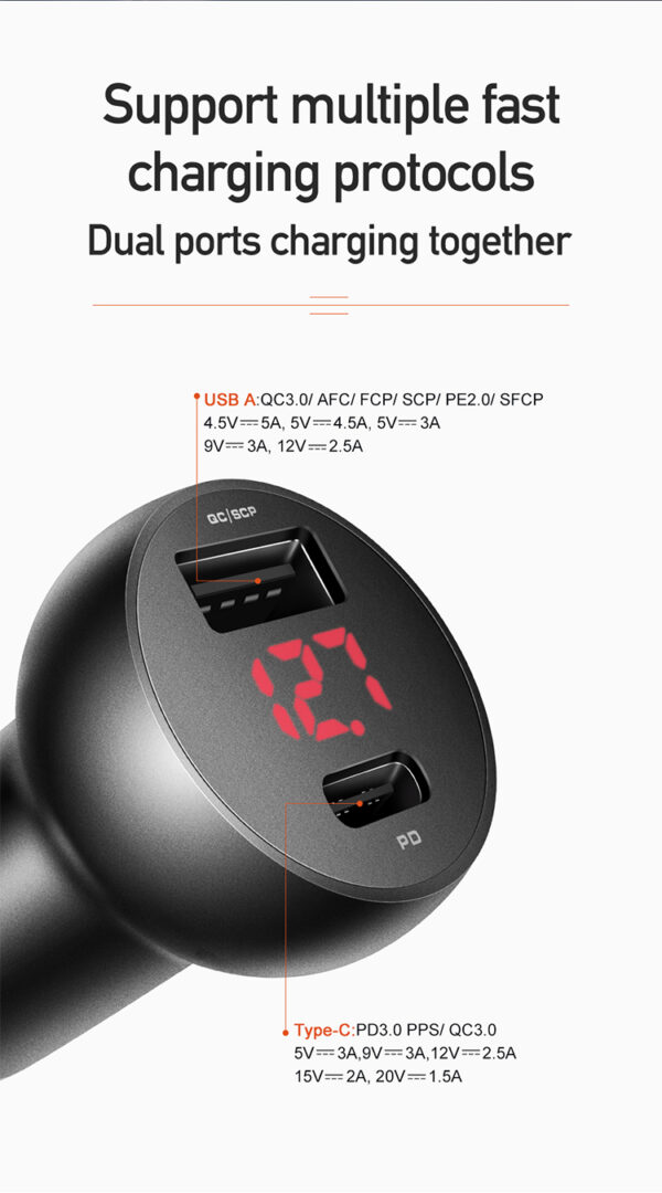 30W Auto-Ladegerät mit Digitalanzeige (PD + 5A Fast Charge) - Mcdodo CC-6810