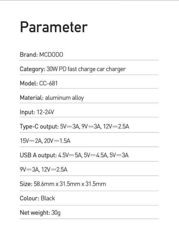 30W Auto-Ladegerät mit Digitalanzeige (PD + 5A Fast Charge) - Mcdodo CC-6810