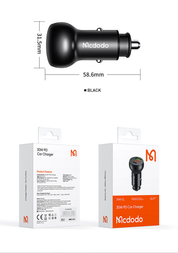 30W Auto-Ladegerät mit Digitalanzeige (PD + 5A Fast Charge) - Mcdodo CC-6810