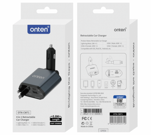 4-in-1 Kfz-Ladegerät mit einziehbarem Kabel – Onten OTN-CW71