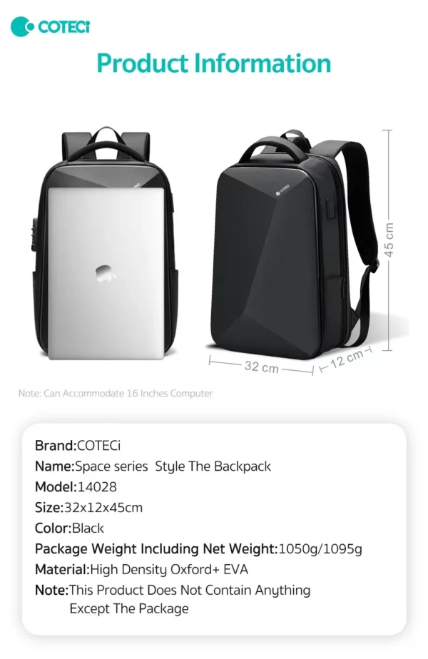 COTECi Space Series 14028 – Diebstahlsicherer Rucksack mit USB & Laptopfach | Techmann